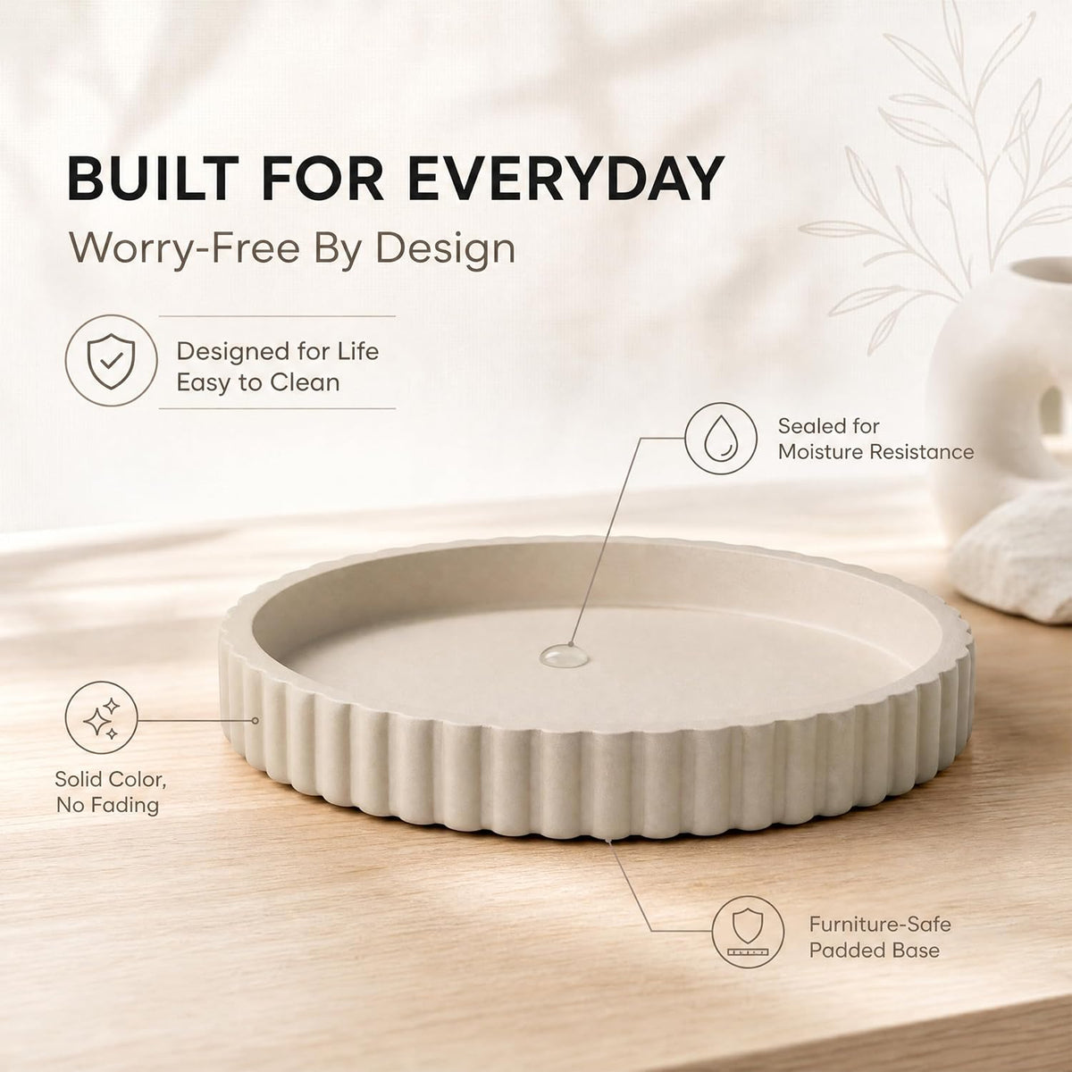 11-Inch Concrete Round Tray Home Decor for Coffee Table Decor - Round Coffee Table Tray - Circular Kitchen Island Trays - Decorative Trays- Beige