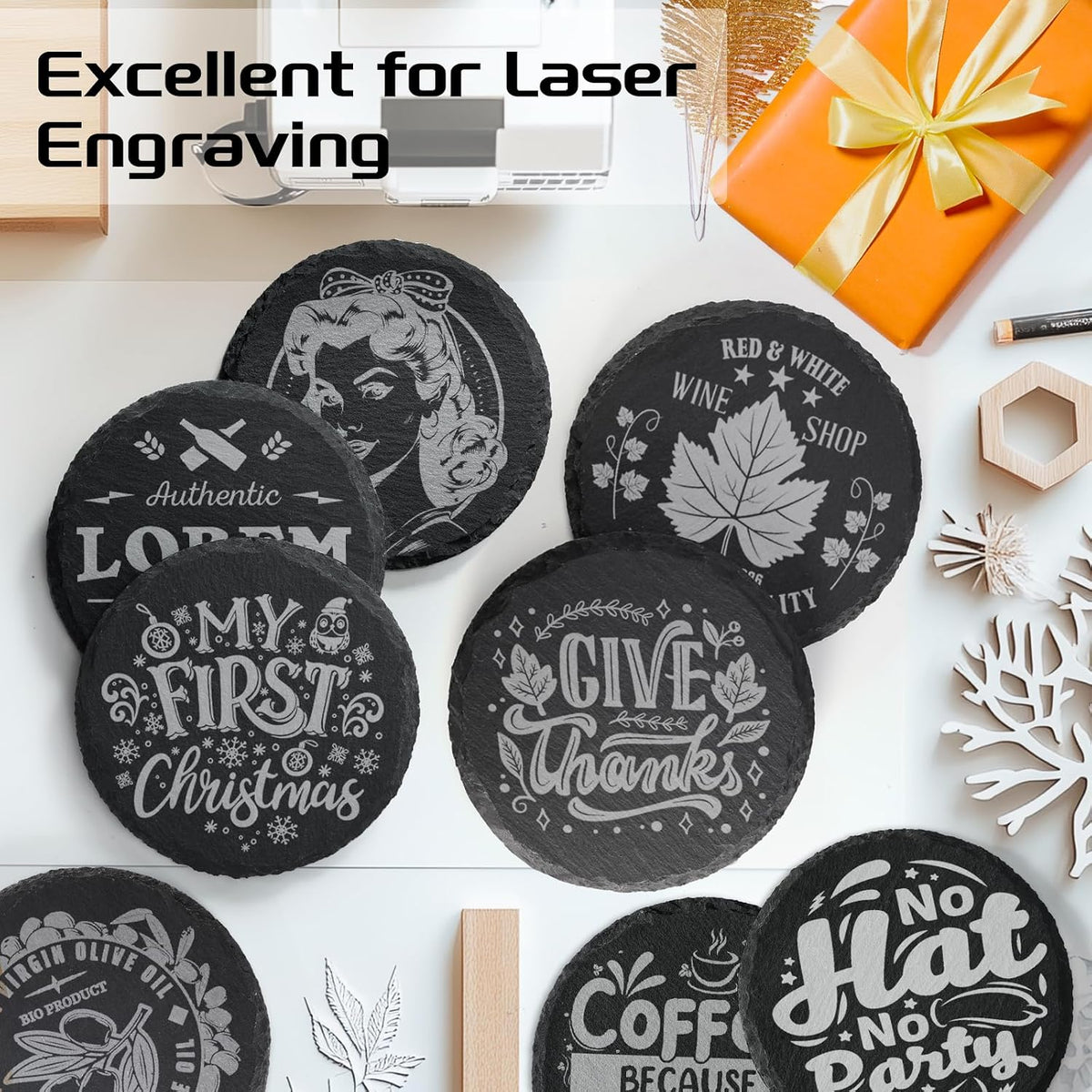 72 PCS Round Slate Coasters Bulk, MAPRIAL 4 Inch Black Handmade Rustic Rock Stone Drink Coaster for Laser Engraving, Etching, Engravable Blanks Material for Engraver, Crafts, Gifts