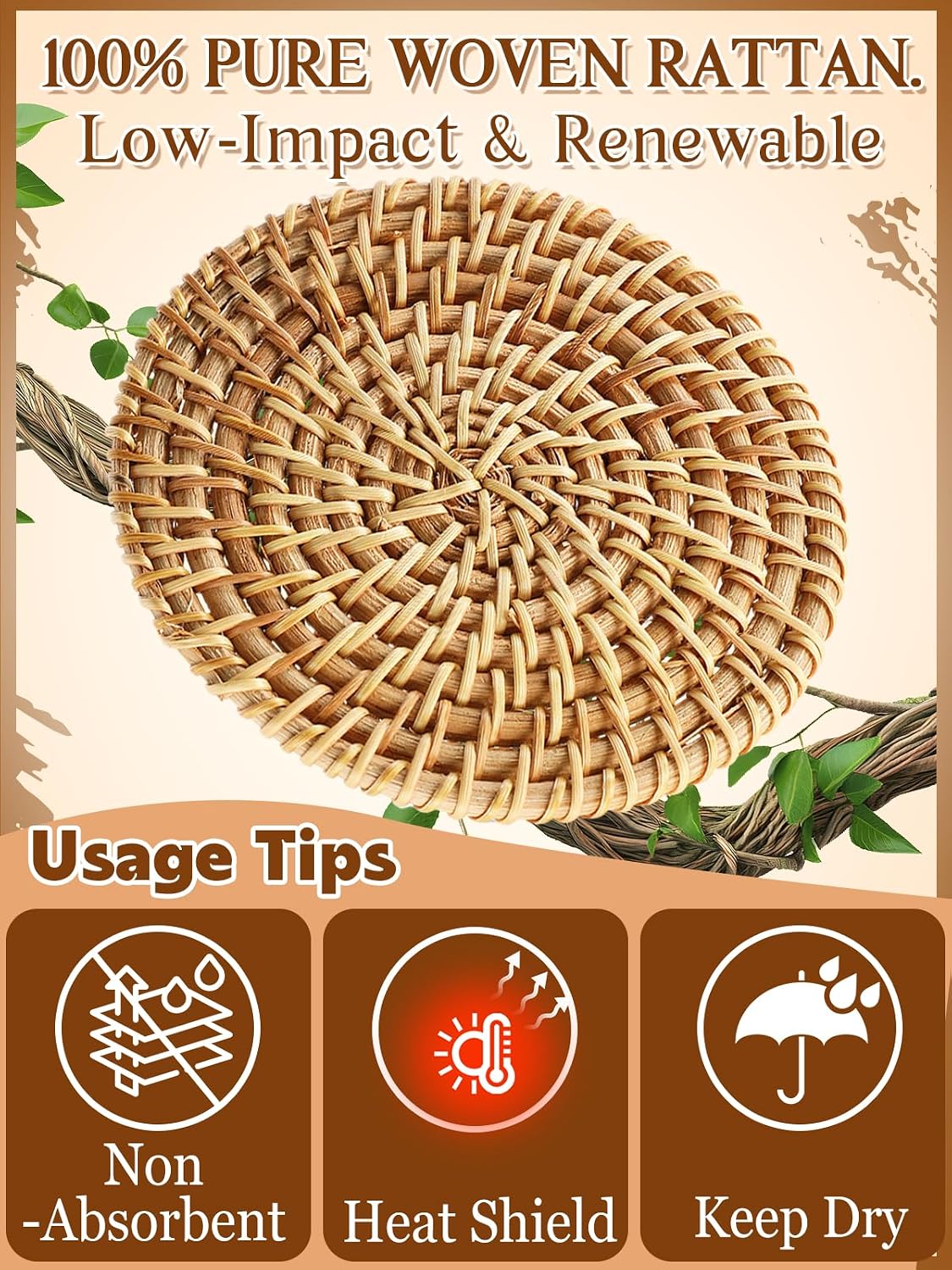 Handmade Nature Rattan Coasters Set of 6 with Holder, Fall Home Table Decor