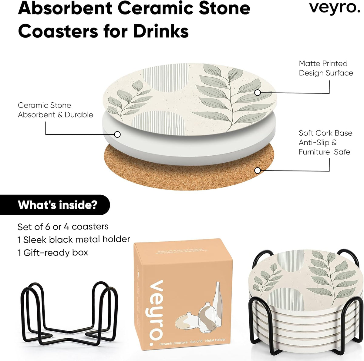 VEYRO Absorbent Ceramic Stone Drink Coasters Set of 6 with Holder