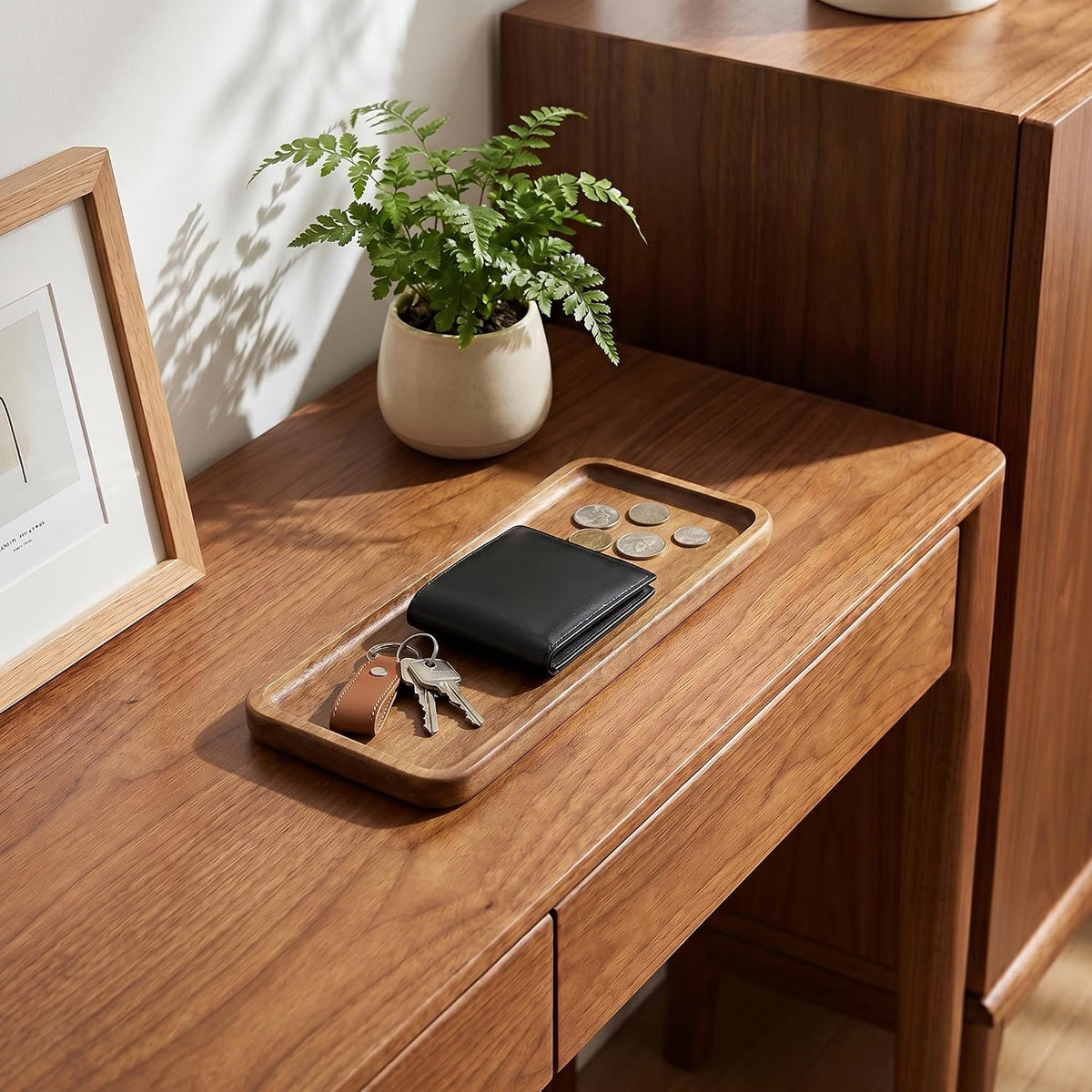 Small Acacia Wood Serving Tray, Wooden Decorative Tray for Coffee Table, Kitchen, Bathroom Counter - Rectangular Wood Platter for Candles, Perfume, Snacks (11.4 x 4.1 x 0.6 in)