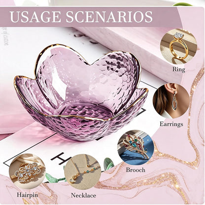 Purple Flower Jewelry Dish Glass Ring Holder Dish Jewelry Tray Cute Vanity Organizer Aesthetic Nightstand Bathroom Room Decor Trinket Dish Mothers Day Friendship Christmas Birthday Gifts for Women