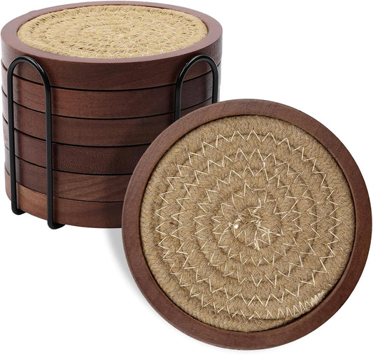 Mckanti 6 Pack Wood Coasters for Drinks with Cotton Coasters Insert, Wooden Coasters with Holder for Coffee Table Decor, Absorbent Coasters for Kinds of Cups, 4.3 Inches