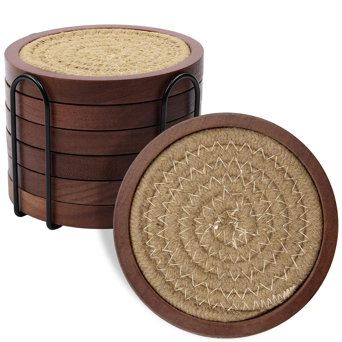 Mckanti 6 Pack Wood Coasters for Drinks with Cotton Coasters Insert, Wooden Coasters with Holder for Coffee Table Decor, Absorbent Coasters for Kinds of Cups, 4.3 Inches