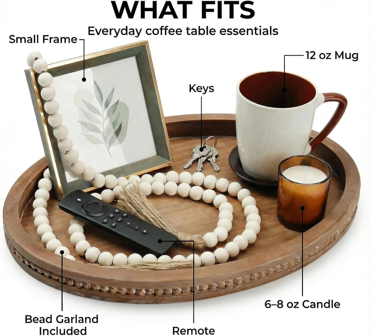 Relaxing Garden Oval Wood Decorative Tray, 16.1 x 11.8 in, Bead Garland