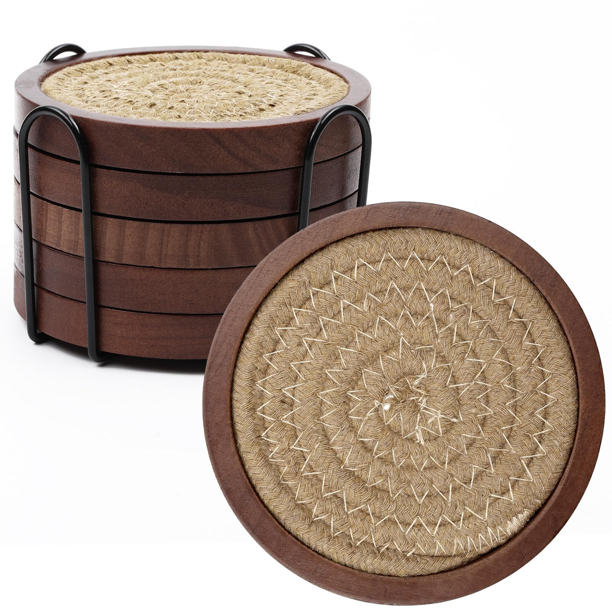 Mckanti 6 Pack Wood Coasters for Drinks with Cotton Coasters Insert, Wooden Coasters with Holder for Coffee Table Decor, Absorbent Coasters for Kinds of Cups, 4.3 Inches