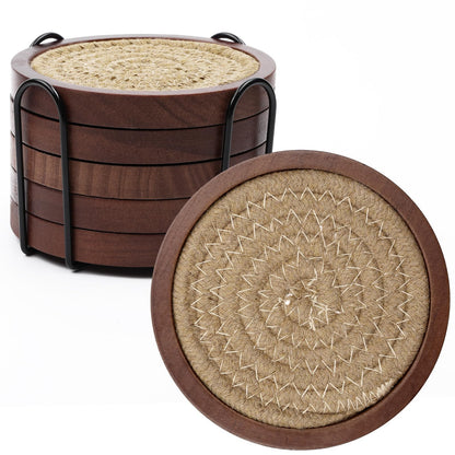 Mckanti 6 Pack Wood Coasters for Drinks with Cotton Coasters Insert, Wooden Coasters with Holder for Coffee Table Decor, Absorbent Coasters for Kinds of Cups, 4.3 Inches