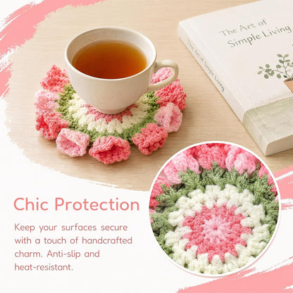 Flower Crochet Coasters Set of 2, Handmade Drink Coasters with Plant Pot Holder, Cute Coasters for Desk or Coffee Table, Floral Home Decor