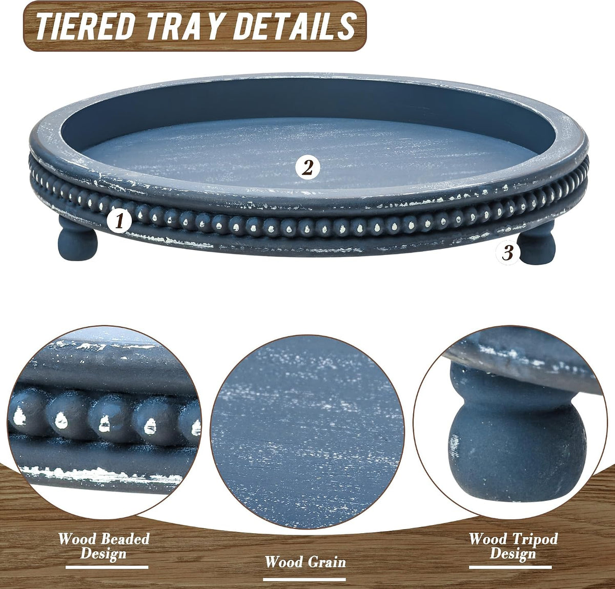 Handmade 12 Inch Decorative Tray, Small Beaded Tray Coffee Table Decor, Blue Decorative Display Risers for Coffee Table, Dining Room Entryway and Living Room