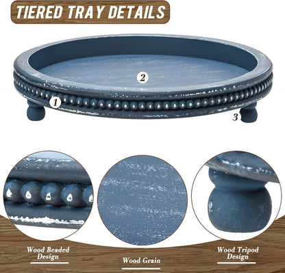 Handmade 12 Inch Decorative Tray, Small Beaded Tray Coffee Table Decor, Blue Decorative Display Risers for Coffee Table, Dining Room Entryway and Living Room