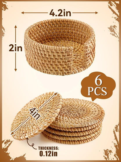 Handmade Nature Rattan Coasters Set of 6 with Holder, Fall Home Table Decor