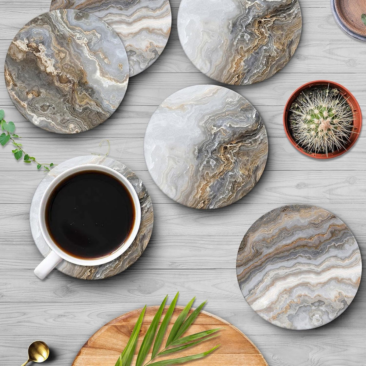 Britimes Coasters for Drinks, Set of 6, Ceramic Stone, Grey Marble