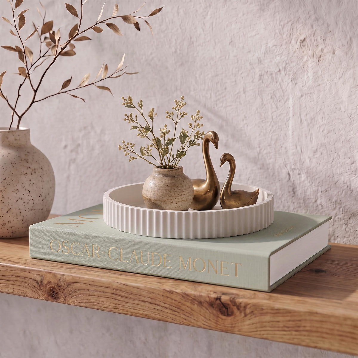 Decorative Concrete Tray & Book Decor Set - Scalloped Tray & Linen Box