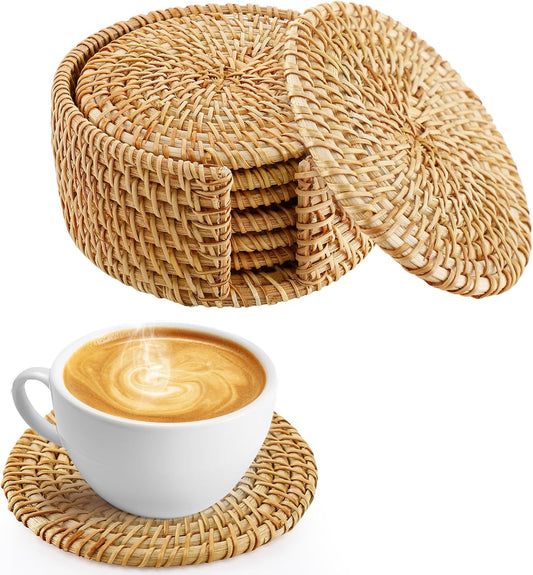 Handmade Nature Rattan Coasters Set of 6 with Holder, Fall Home Table Decor
