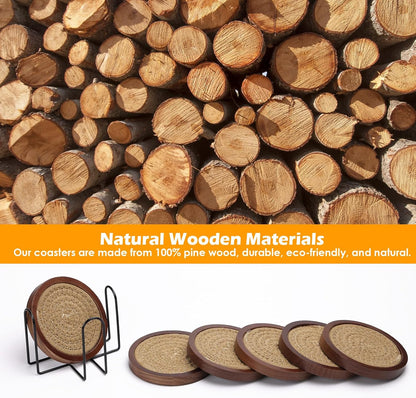 Mckanti 6 Pack Wood Coasters for Drinks with Cotton Coasters Insert, Wooden Coasters with Holder for Coffee Table Decor, Absorbent Coasters for Kinds of Cups, 4.3 Inches