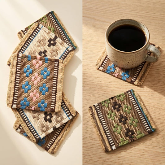 Boho Woven Coasters Set of 6, Absorbent Drink Coasters for Coffee Table, Rustic Farmhouse Table Decor, Southwestern Aesthetic, Handmade Style, Housewarming Gift