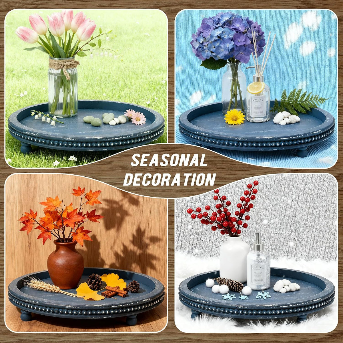 Handmade 12 Inch Decorative Tray, Small Beaded Tray Coffee Table Decor, Blue Decorative Display Risers for Coffee Table, Dining Room Entryway and Living Room